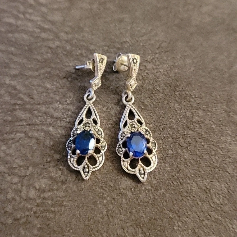 VTG Victorian Sterling Silver Blue Crystal Marcasite Formal Bridal Earrings